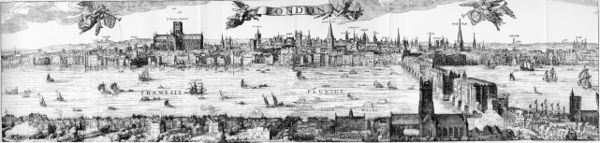 A panorama of London by Claes Van Visscher, 1616. Old St Paul's had lost its spire by this time. The two theatres on the foreground (Southwark) side of the Thames are The Bear Garden and The Globe. The large church in the foreground is St Mary Overie, now Southwark Cathedral.